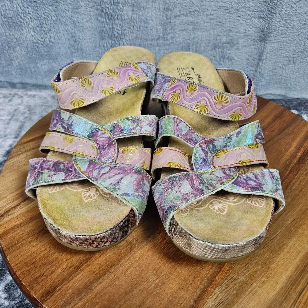 L'artiste Spring Step Yorini Multicolor Leather Wedge Sandals Womens 38 US 7.5 8